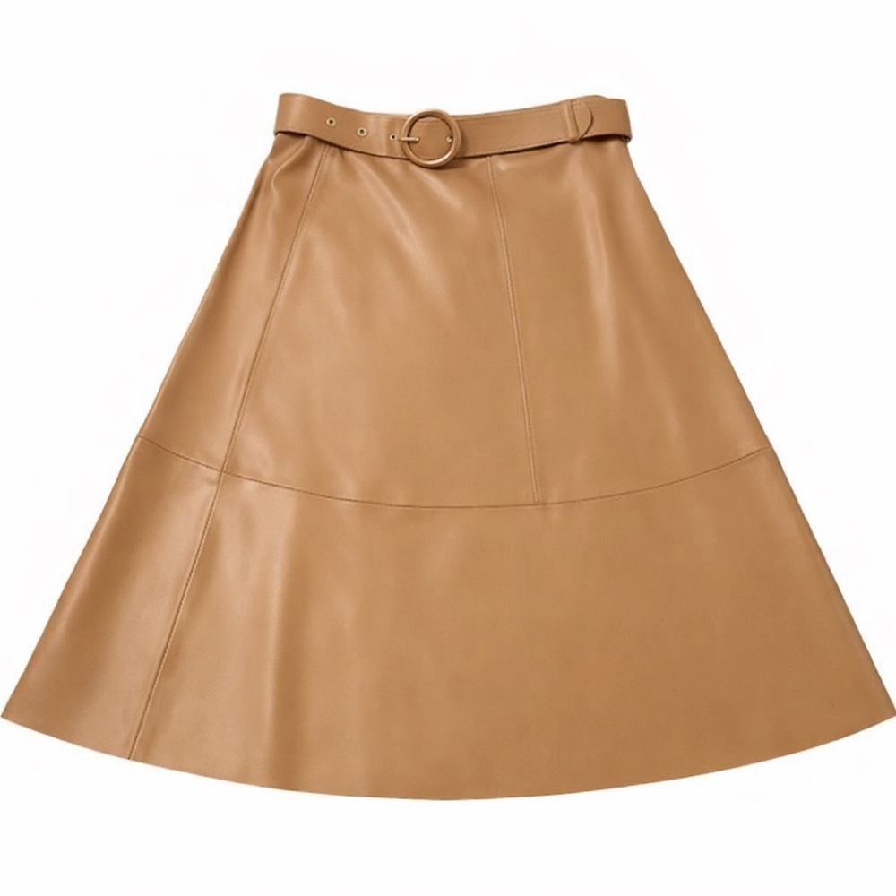 Zara Camel Faux Leather Midi Skirt Size L w/ Belt | A-Line